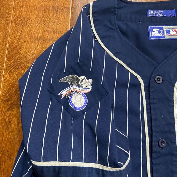 STARTER Vintage 90s MLB New York Yankees Baseball Jersey Navy White Pinstripe L - Picture 4 of 9